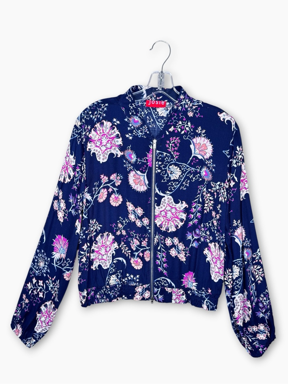 JOSIE‎ BY NATORI Floral Bomber Jacket  S Navy Pink Paisley Boho Lightweight